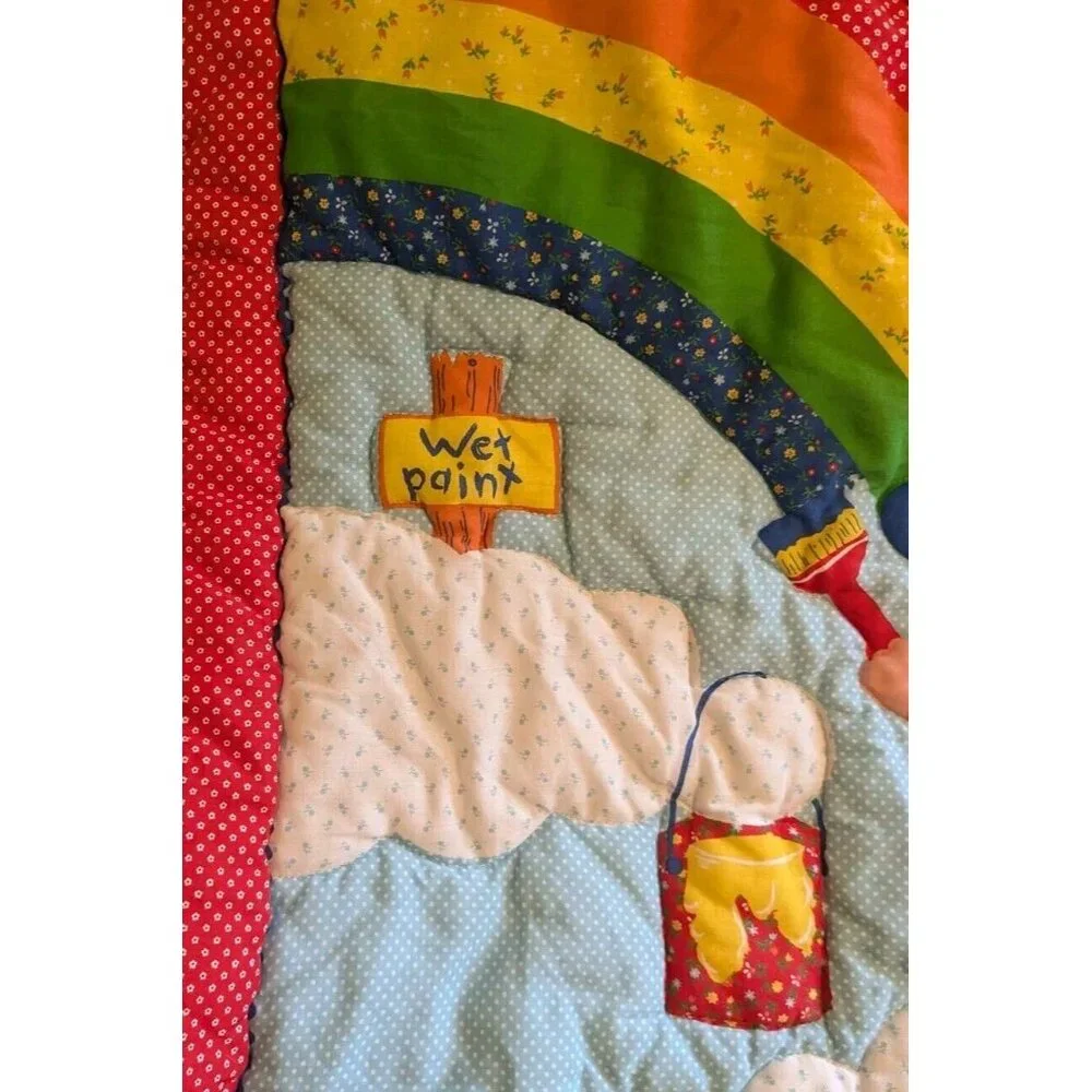 80s Wall Hanging Baby Quilt Rainbow Painter Artist Boy Primary Colors Decor Vtg